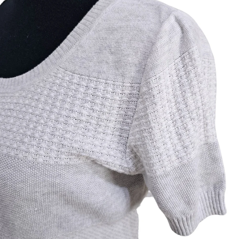 OST Cotton Pointelle Knit Gray White Short Sleeve Split Hem Light Boho Sweater